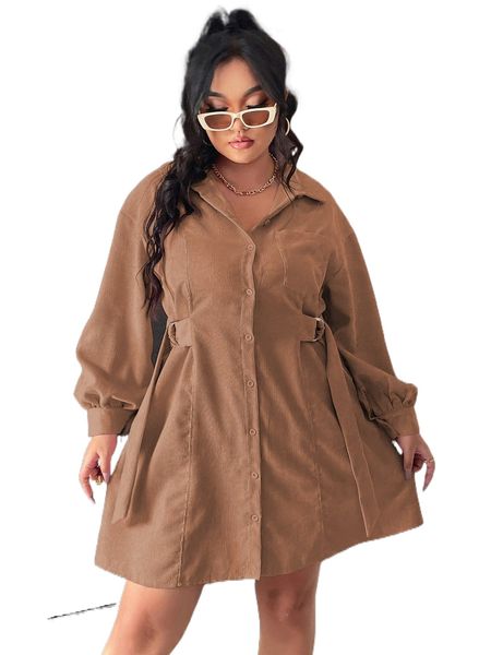 

plus corduroy buckled ribbon drop shoulder shirt dress 35wk#, Black