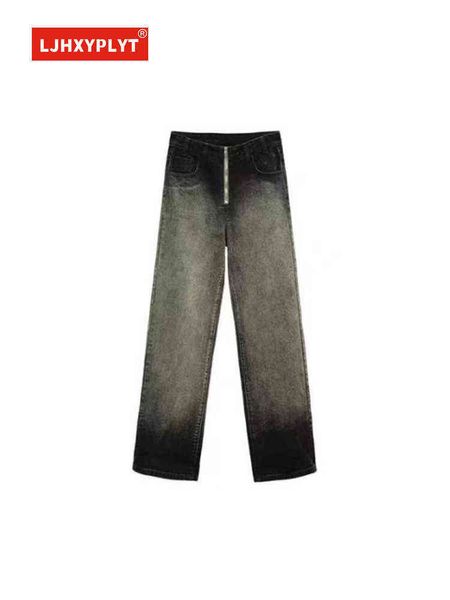 

zipper black gradient jeans women's spring summer american design high waist straight loose wide leg mopping denim pants female t220728, Blue