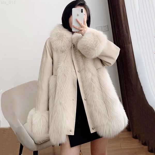 POP Women Pur Coat Peur Outono Inverno casual moda jovem estilo bege colar de peles