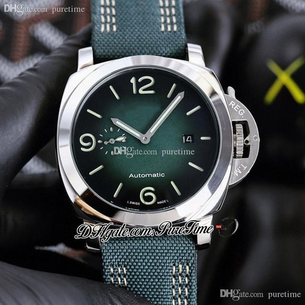 

44mm esteel 00157 157 a23j automatic mens watch steel case black green dial stick number markers nylon strap with white line 3 styles watche, Slivery;brown