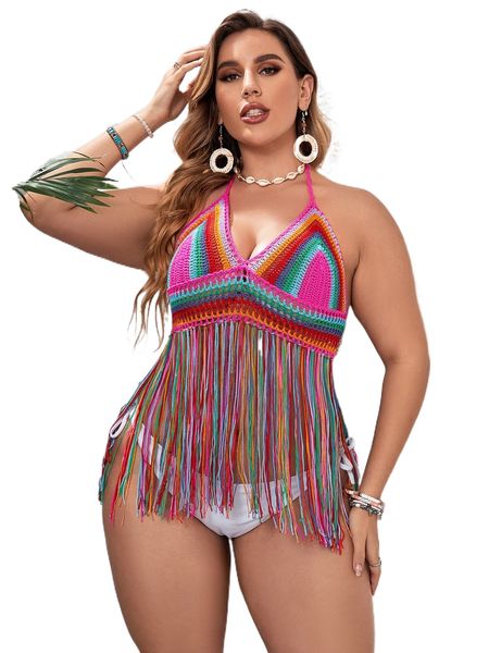 

plus crochet fringe hem cover up c6j8#, Black