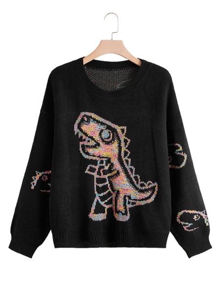 

plus dinosaur pattern drop shoulder sweater g5kk#, Black
