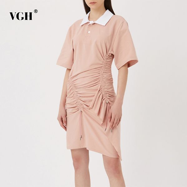 

pink sweet dress for women lapel short sleeve irregular hem drawstring high waist mini dresses female summer fashion 210507, Black;gray