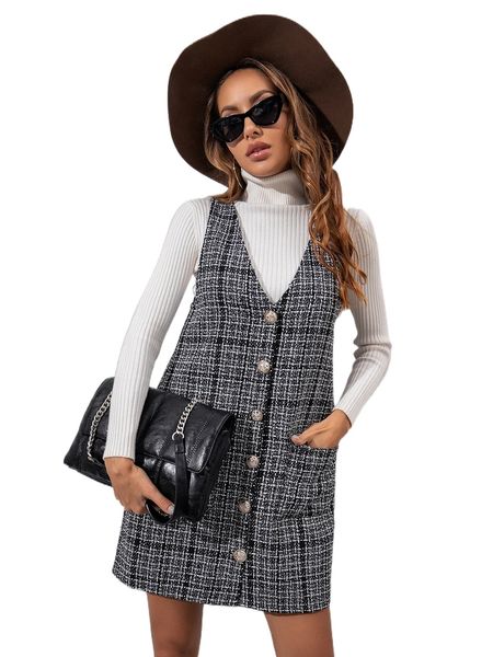 

tweed button front overall dress without tee k8jt#, Black;gray