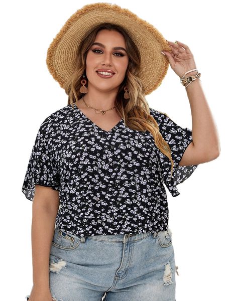 

plus ditsy floral blouse 79d5#, Black