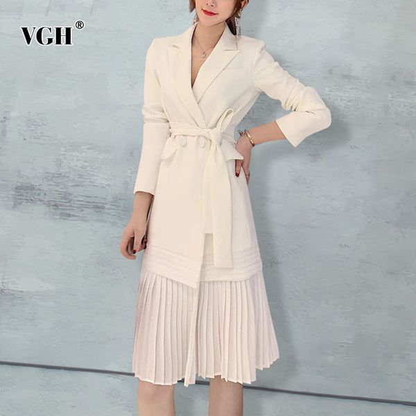 

temperament pleated jacket for women v neck long sleeve high waist sashes lace up bowknot elegant jackets female fashion 210507, Tan;black