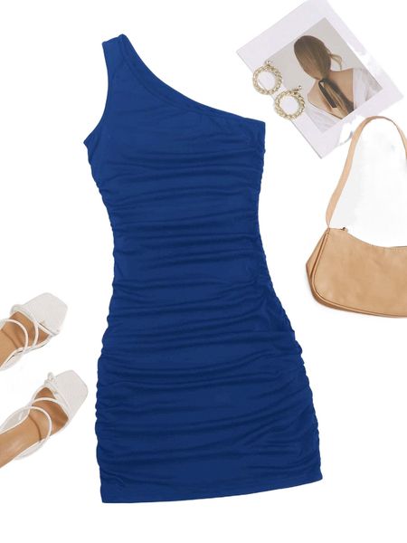 

one shoulder ruched bodycon dress u1zr#, Black;gray