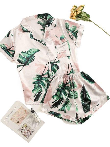 

tropical print satin pajama set e9ei#, Black;red