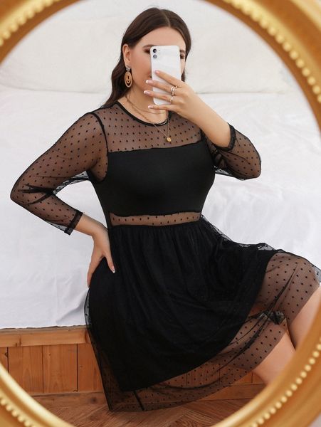 

plus swiss dot contrast mesh dress y9lr#, Black