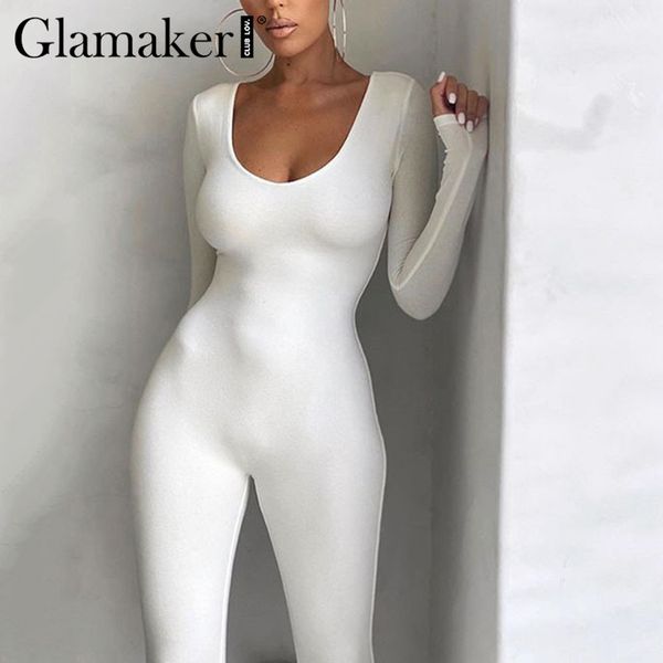 

glamaker casual long sleeve solid black jumpsuits & rompers women bodycon slim winter autumn fitness jumpsuit fashion 220510, White