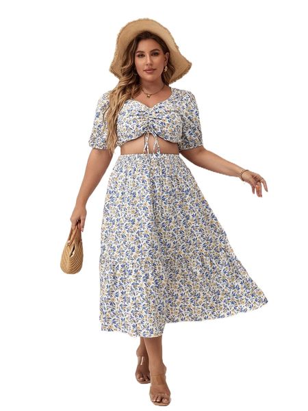 

plus ditsy floral puff sleeve drawstring front & ruffle hem skirt r60t#, Black