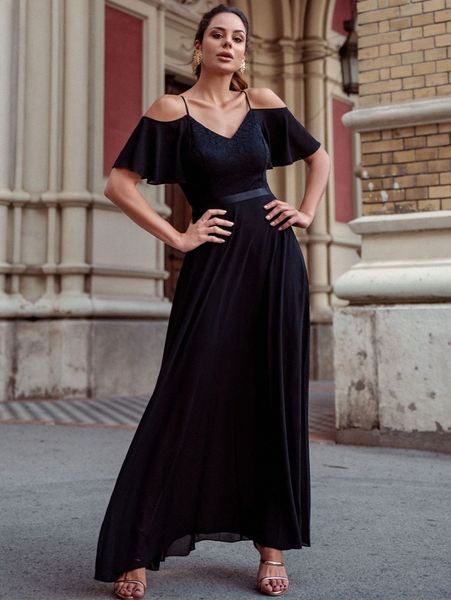 

miusol cold shoulder contrast lace flutter sleeve chiffon dress m6w3#, Black;gray