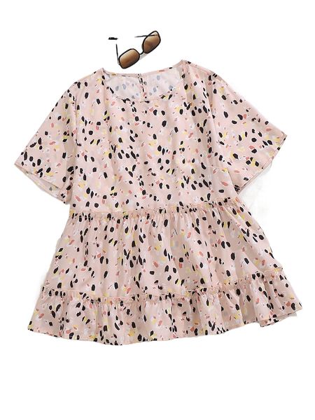 

plus allover print frill trim babydoll blouse t24m#, Black