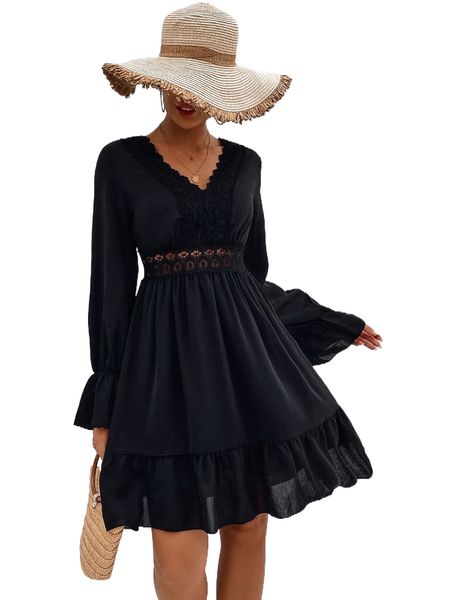 

guipure lace insert flounce sleeve ruffle hem dress z6ru#, Black;gray