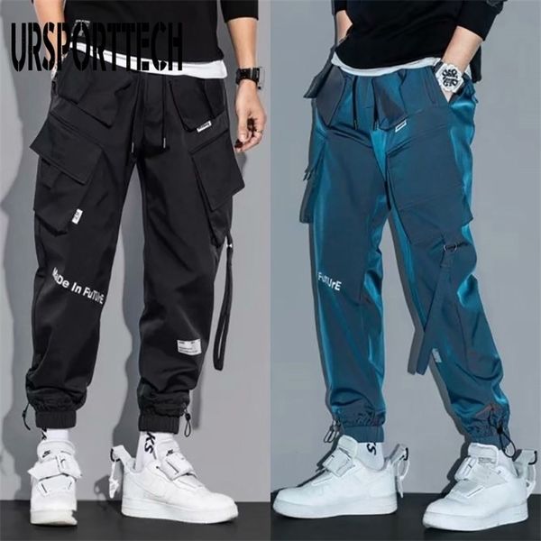 

hip hop streetwear joggers pants men student casual cargo trousers high street elastic waist loose laser harem boys 220325, Black