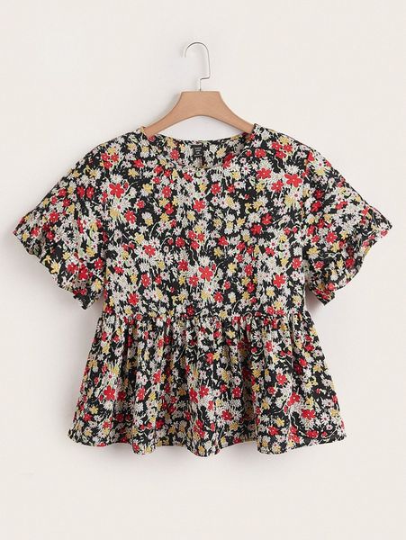 

plus allover floral print bell sleeve w8g6#, Black
