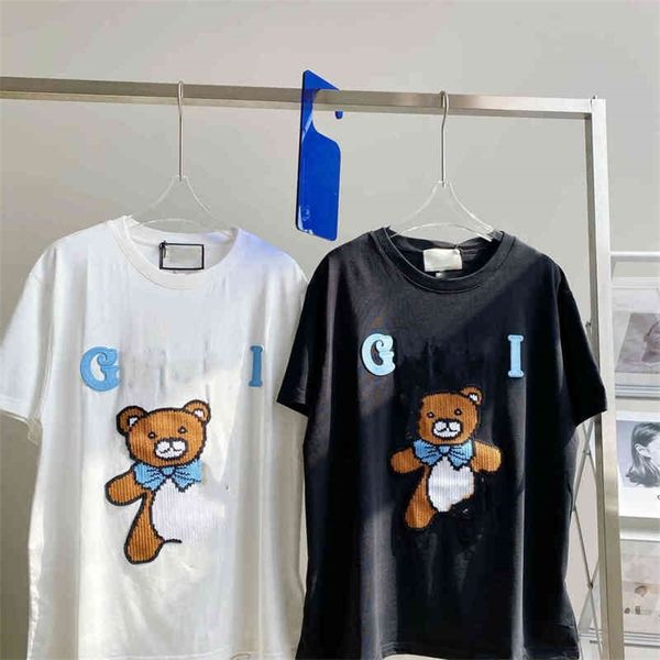 

66% off new couple short sleeve summer g family cross stitch bear sticker loose letter t-shirt, White;black