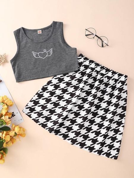

girls heart print tank & houndstooth skirt she, White