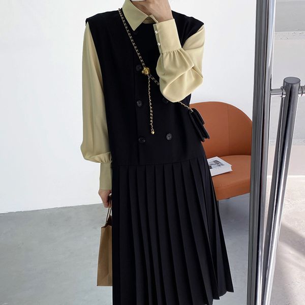 

korea black pleated woman dress sleeveless vest robe women loose stitching midlength vestidos shawl 210506, Black;gray