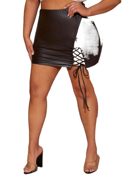 

sxy plus wrap lace up pu leather bodycon skirt q2mi#, Black