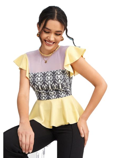 

x vae graphic print flutter sleeve peplum blouse b36x#, White