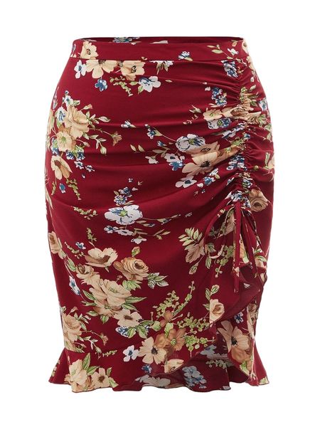 

plus floral print drawstring front ruffle hem skirt v3sa#, Black