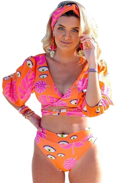 

high waist front tie bikini 2 piece set, mid-sleeve deep v-neck swimsuit womens leopard print bathing suit l7zm#, White;black