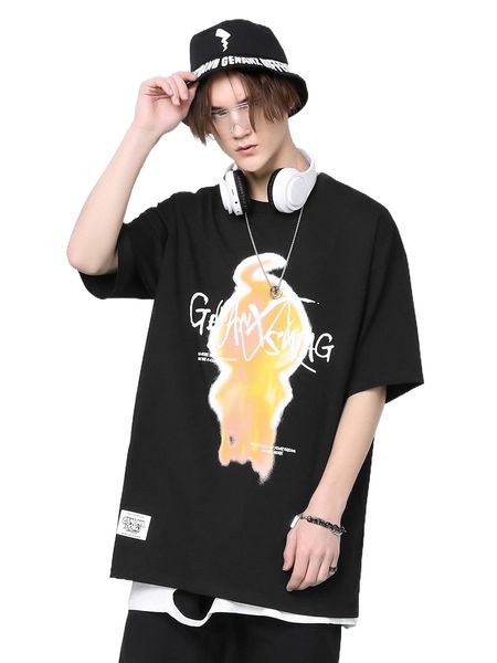 

men 1pc slogan & cartoon graphic drop shoulder tee p4pn#, White;black