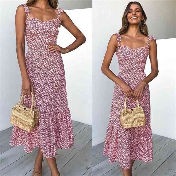 

lace flower print sleeveless midi dress summer women's casual wear lace bow frill suspender dress women 210326, White