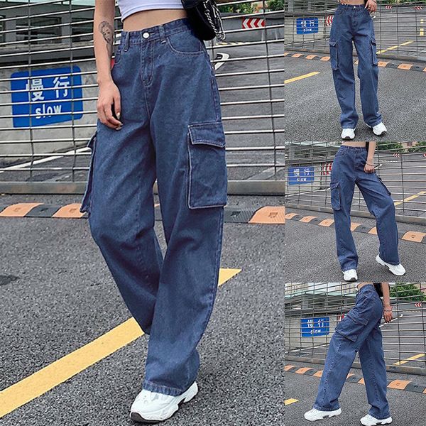 

european and american jeans high waist large pocket loose straight jeans pants vintage streetwear cargo pants women y2k l220725, Blue