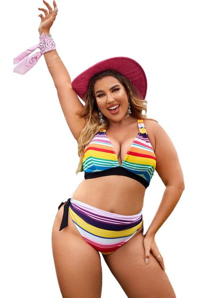 

plus block striped crisscross back tie side bikini swimsuit v8vq#, White;black