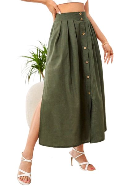 

single breasted split thigh skirt y09b#, Black