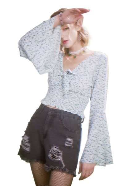 

romwe ditsy floral tie front shirred blouse u3ig#, White