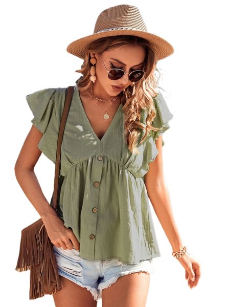 

ruffle trim fake button blouse n7iq#, White