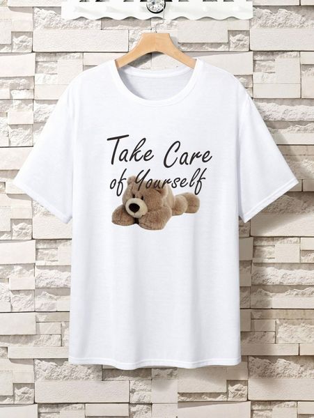

extended sizes men bear & slogan graphic tee r4ak#, White;black