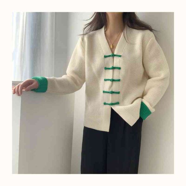 

women's polos chinese style fashion button knit spring minority color matching v-neck short coat mhsu, White