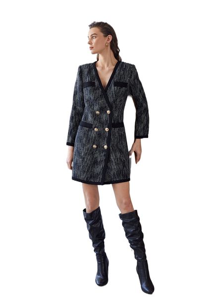 

motf premium tweed double breasted blazer dress t4f8#, Black;gray