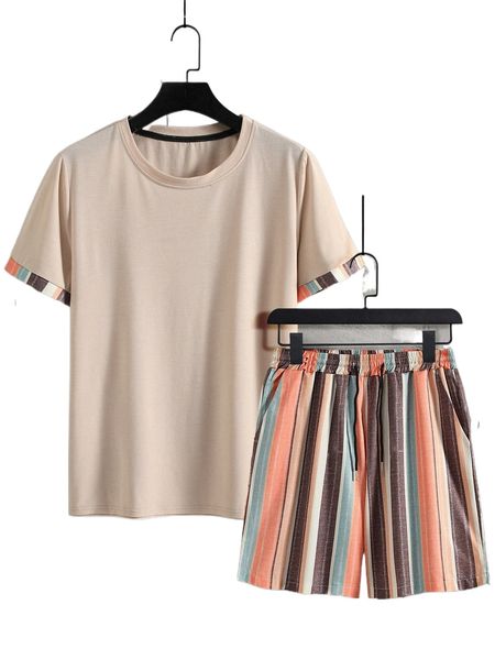 

men color block striped print tee & shorts n9sh#, Gray