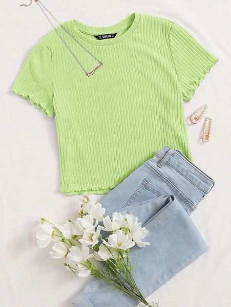 

ribbed heathered knit lettuce-edge tee j2iw#, White