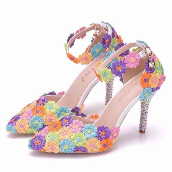 Sandalen Pumps Designer Spitz High Heels National Style Farbe Spitze Flower One L