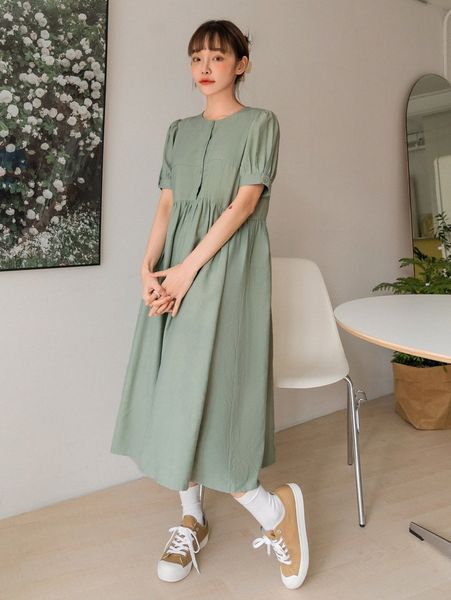

dazy solid button front puff sleeve smock dress d9hw#, Black;gray