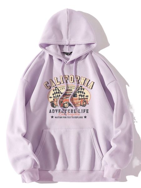 

1pc slogan graphic kangaroo pocket thermal drawstring hoodie 75gb#, Black