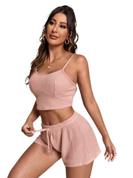 

solid cami & tie waist shorts pj set o7lf#, Black;red