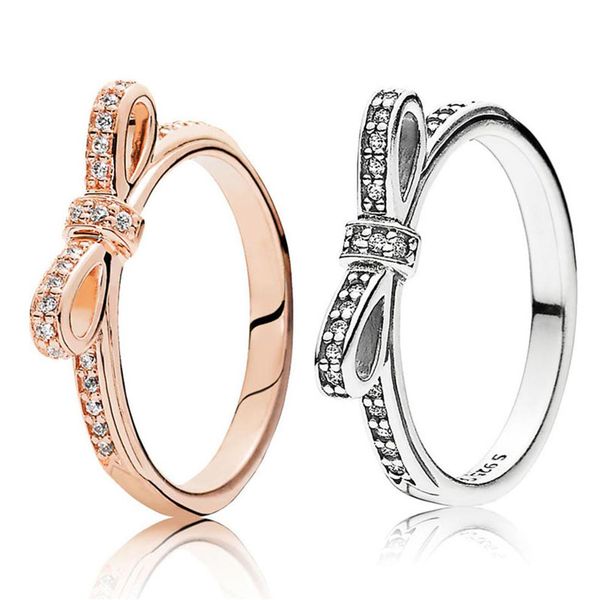 

authentic 925 sterling silver wedding ring sets original box for pandora 18k rose gold sparkling bow luxury designer jewelry women203g, Slivery;golden