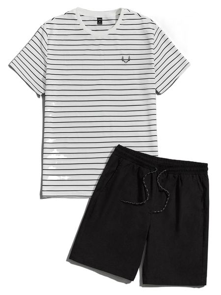 

men striped print antler embroidery tee & drawstring waist shorts 41ym#, Gray
