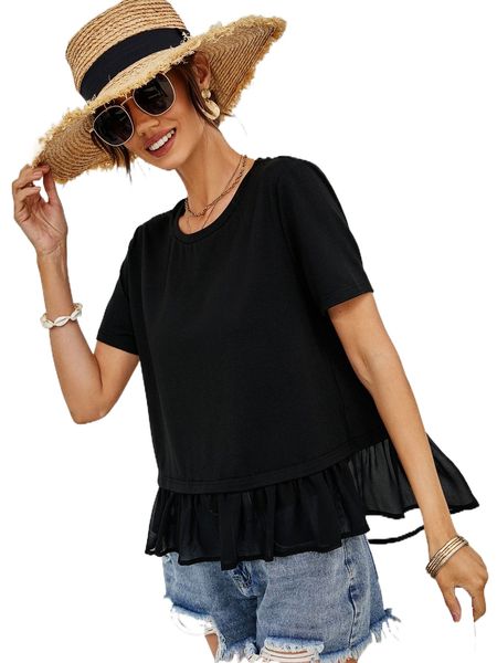 

mesh insert ruffle hem tee h0zs#, White