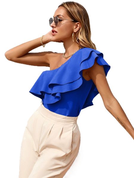 

ruffle detail one shoulder blouse c70x#, White