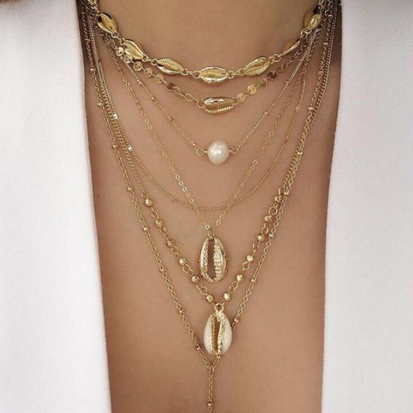 Correntes Chain Punk Chain Gold Color Beach Conch Conch Pearl Contas Multistorey Colar Pingente para Mulheres Boho Jóias C19208CHains Chainschai