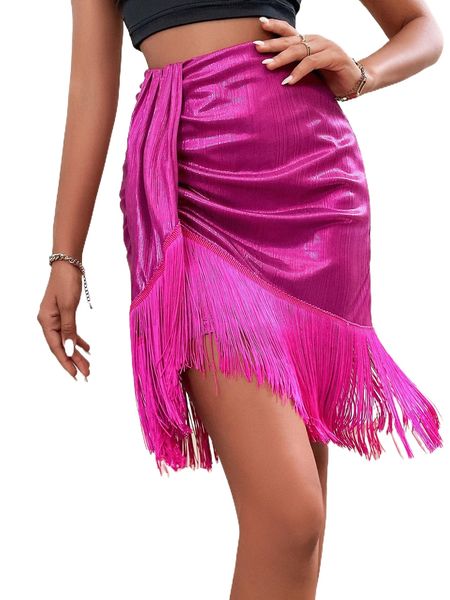 

ruched draped side fringe asymmetrical hem skirt n4nt#, Black