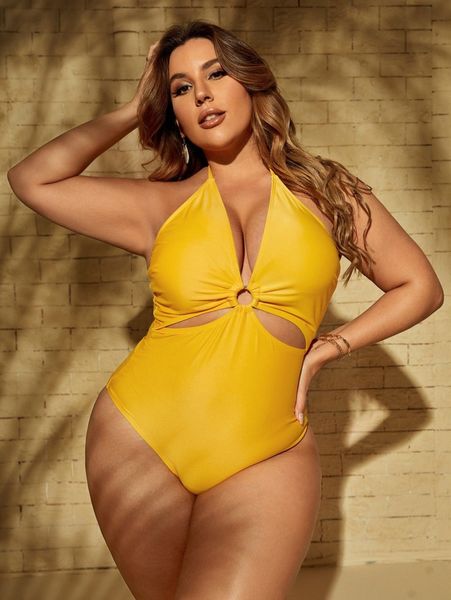 

plus ring linked cut-out one piece swimsuit u5se#, White;black